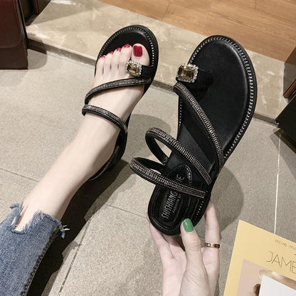 Stevvex black rhinestone leather sandals for women, crystal straps, flat flip flops on Tampa Home & Garden Store