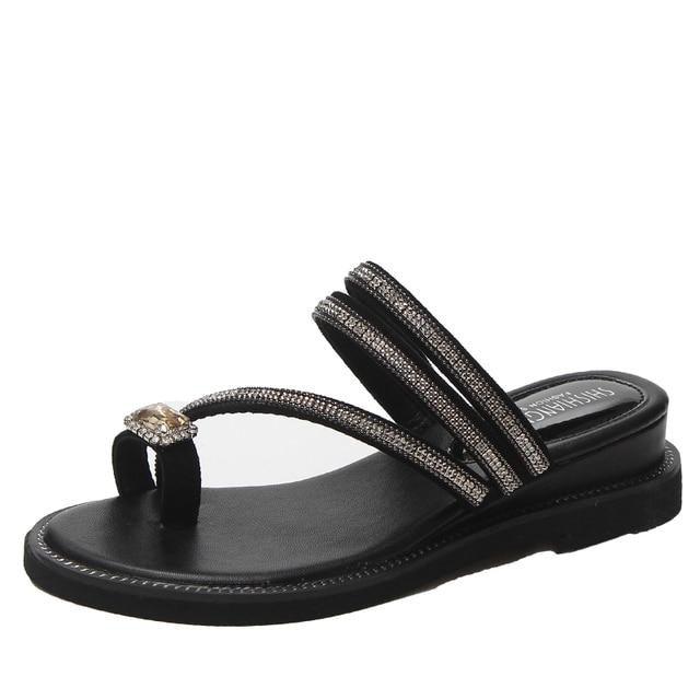 Stevvex rhinestone sandals for women, black triple-strap leather flip flop with crystal on Tampa Home & Garden Store