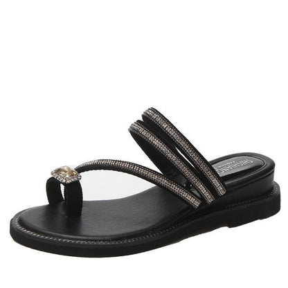 Stevvex rhinestone sandals for women, black triple-strap leather flip flop with crystal on Tampa Home & Garden Store