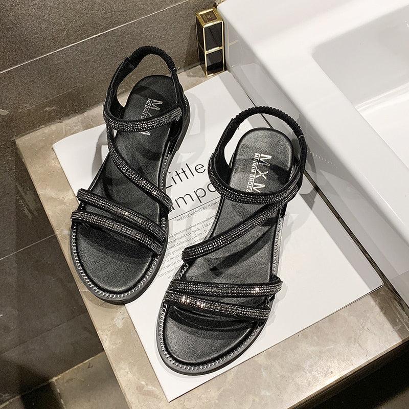 Rhinestone women sandals by Stevvex with black leather straps, flat glittery beach sandals on Tampa Home & Garden Store