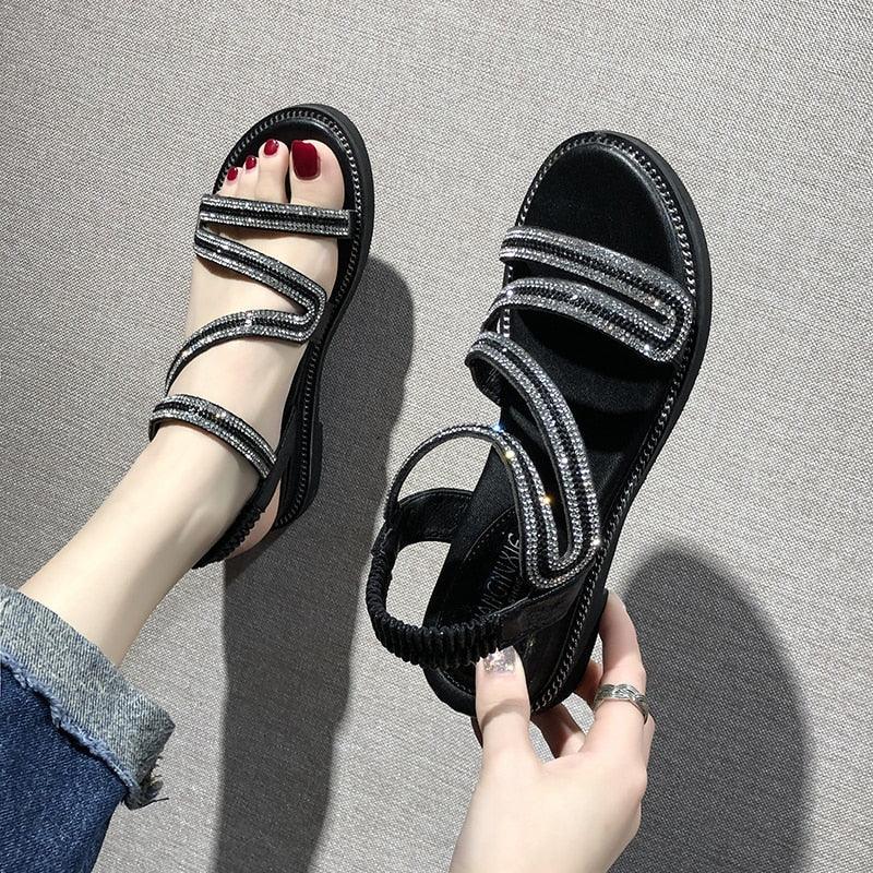 Stevvex rhinestone sandals for women with black leather straps, crystal accents, flat sole on Tampa Home & Garden Store