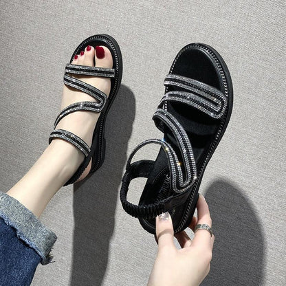 Stevvex rhinestone sandals for women with black leather straps, crystal accents, flat sole on Tampa Home & Garden Store