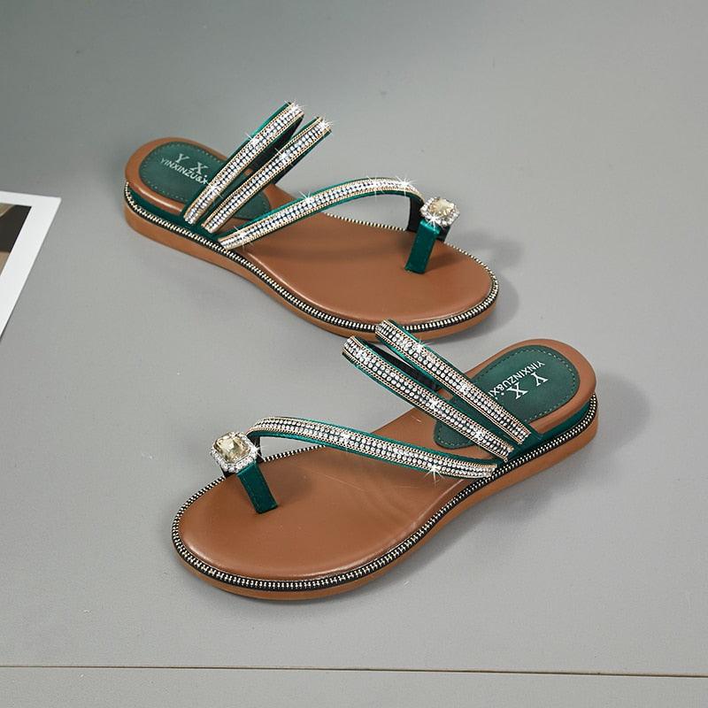 Stevvex rhinestone sandals teal-green crystal straps brown footbed flat beach pair on Tampa Home & Garden Store