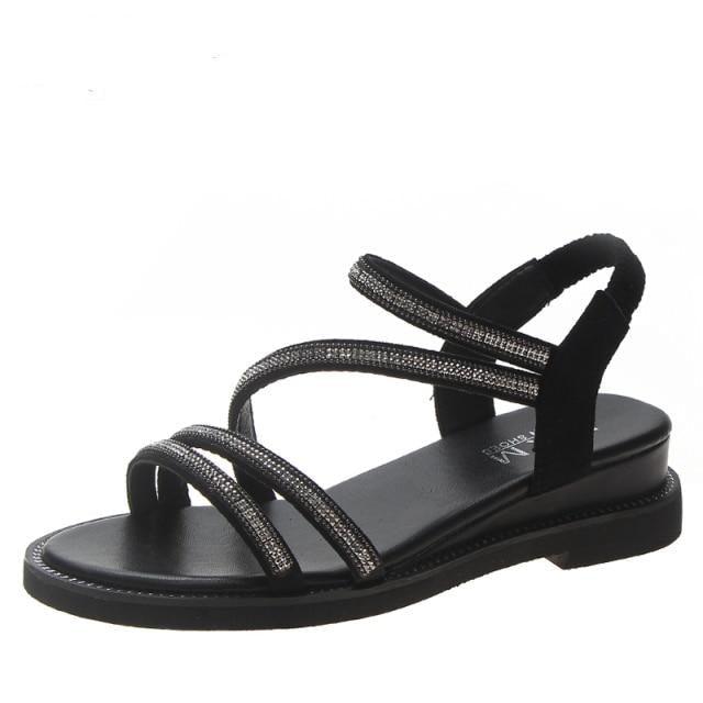 Rhinestone black strappy sandals with crystal bands Stevvex low-heel flat beach shoe on Tampa Home & Garden Store