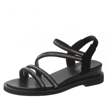 Rhinestone black strappy sandals with crystal bands Stevvex low-heel flat beach shoe on Tampa Home & Garden Store