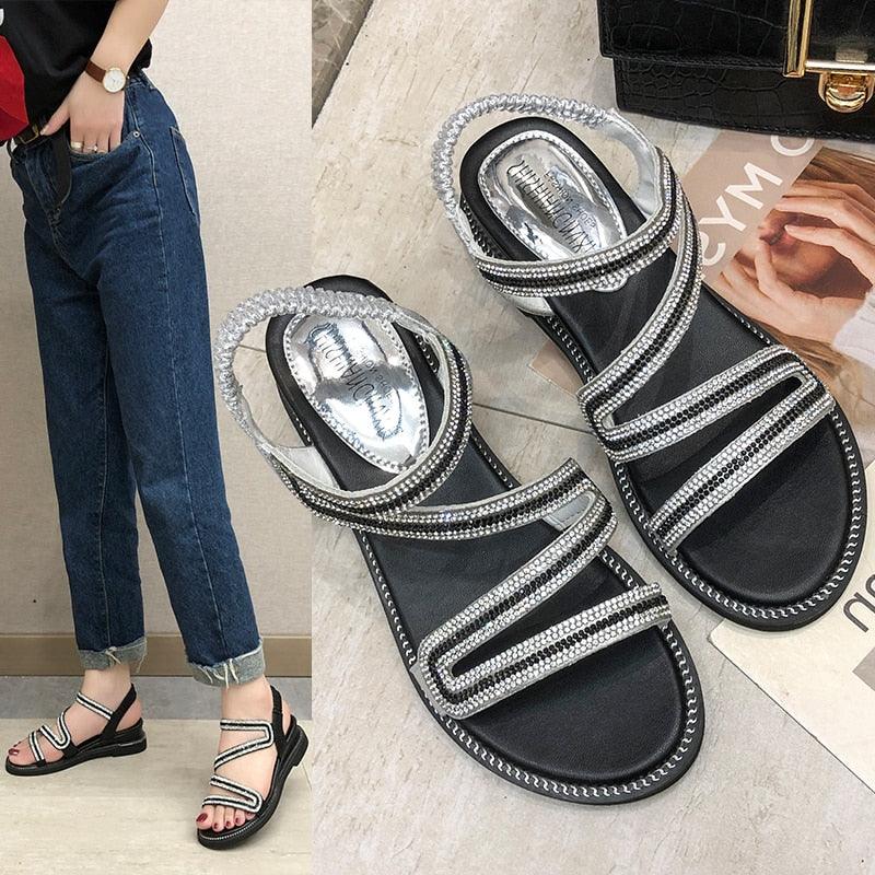 Stevvex rhinestone crystal sandals for women, silver straps, black sole on Tampa Home & Garden Store