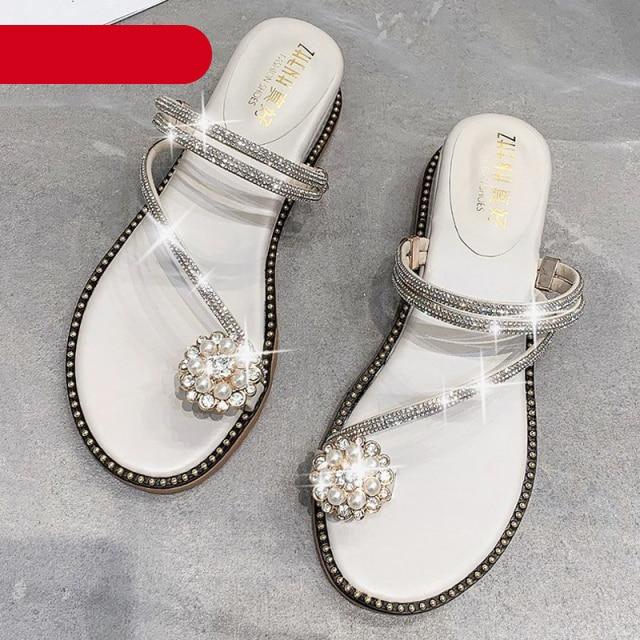 Stevvex rhinestone sandals for women with silver crystal straps and pearl flower accents on Tampa Home & Garden Store