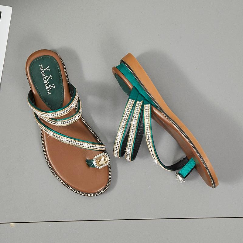 Rhinestone crystal sandals for women Stevvex teal and brown flat sandals with crystal straps on Tampa Home & Garden Store