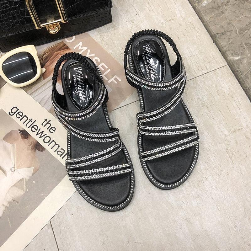 Stevvex women's rhinestone sandals black leather with crystal straps flat beach slippers on Tampa Home & Garden Store