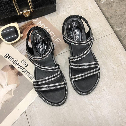 Stevvex women's rhinestone sandals black leather with crystal straps flat beach slippers on Tampa Home & Garden Store