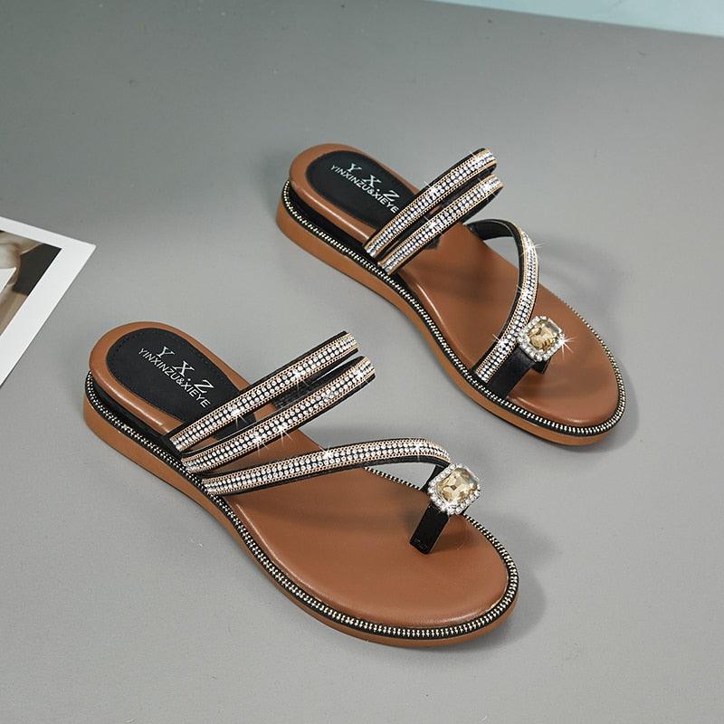 Rhinestones Women Sandals Stevvex with crystal straps, brown leather footbed, flat beach sandals on Tampa Home & Garden Store