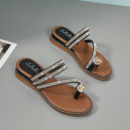 Rhinestones Women Sandals Stevvex with crystal straps, brown leather footbed, flat beach sandals on Tampa Home & Garden Store