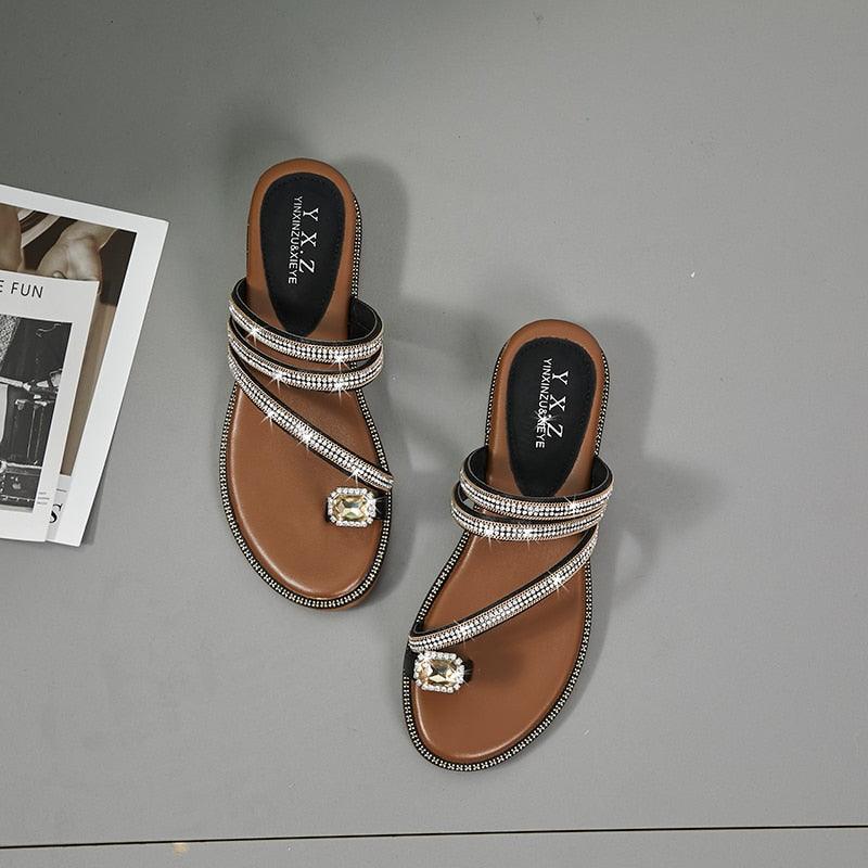 Stevvex rhinestone sandals for women, a pair with brown leather footbed and crystal straps on Tampa Home & Garden Store