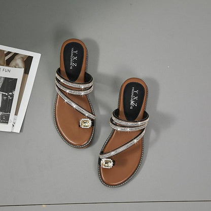 Stevvex rhinestone sandals for women, a pair with brown leather footbed and crystal straps on Tampa Home & Garden Store