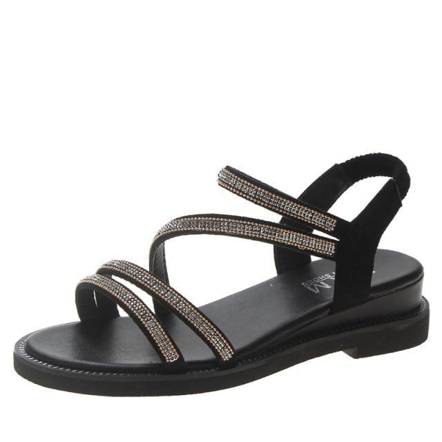 Rhinestone sandals for women with Stevvex black leather straps and back strap on Tampa Home & Garden Store