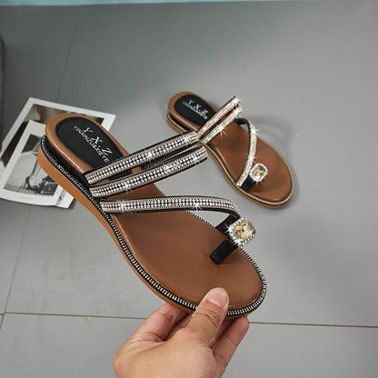 Rhinestone leather sandals for women, Stevvex, brown footbed with crystal straps, pair on Tampa Home & Garden Store