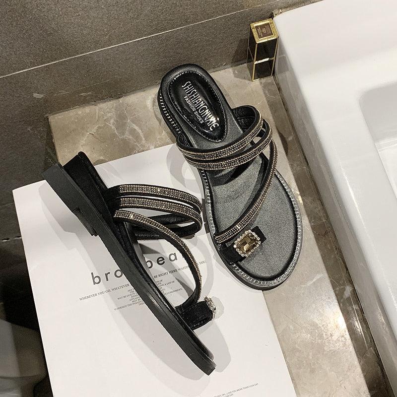Stevvex rhinestone sandals for women, black leather straps with crystal accents, flat pair on Tampa Home & Garden Store