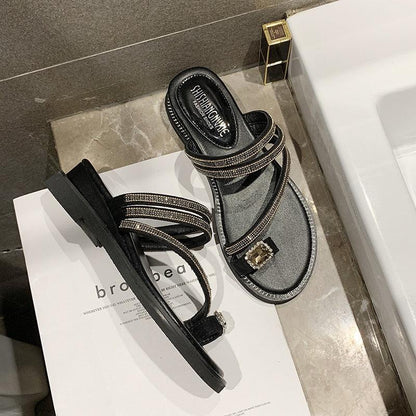 Stevvex rhinestone sandals for women, black leather straps with crystal accents, flat pair on Tampa Home & Garden Store