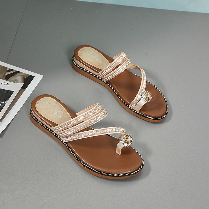 Rhinestone women's sandals by Stevvex with clear crystal straps and brown flat sole on Tampa Home & Garden Store