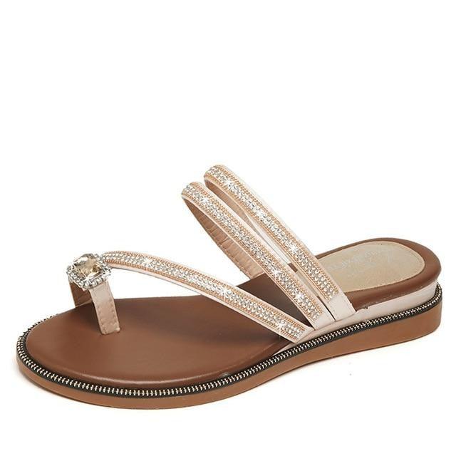 Stevvex rhinestone sandals, beige leather straps, flat thong with crystal edge on Tampa Home & Garden Store