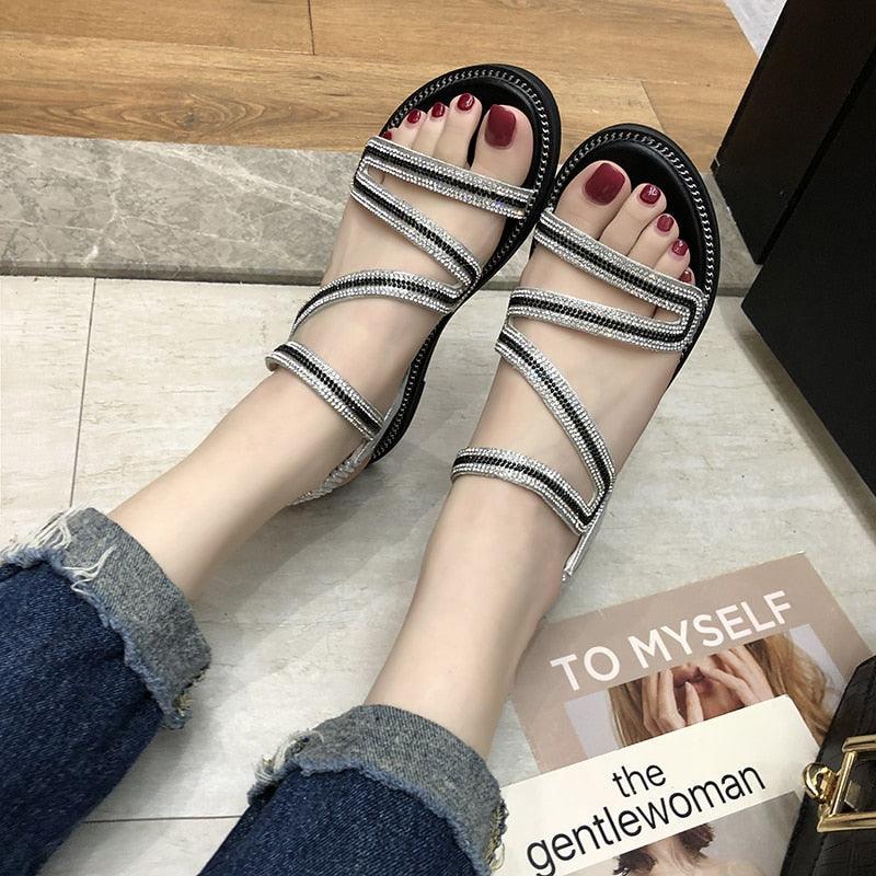 Stevvex rhinestone sandals for women, silver crystal multi-strap flat flip flops for summer on Tampa Home & Garden Store