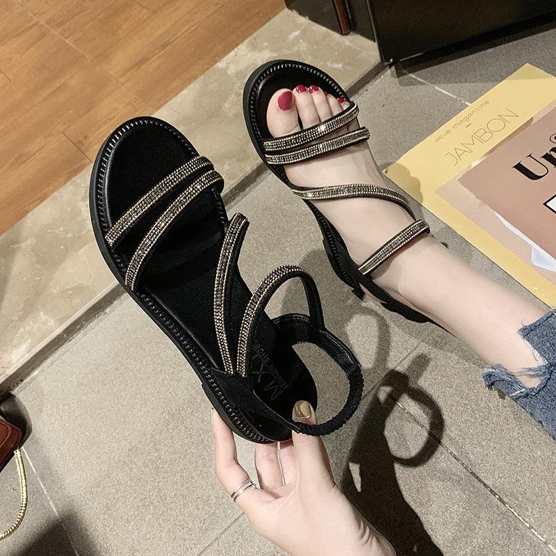 Stevvex black rhinestone sandals with crystal straps, flat casual beach sandals for women on Tampa Home & Garden Store
