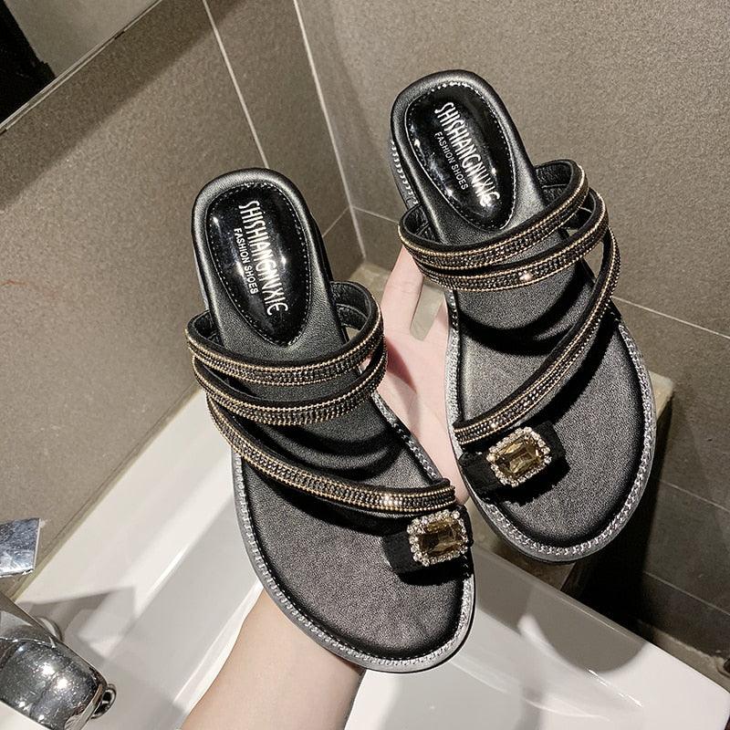 Stevvex rhinestone sandals pair black leather straps with crystal buckles flat beach flip flops on Tampa Home & Garden Store