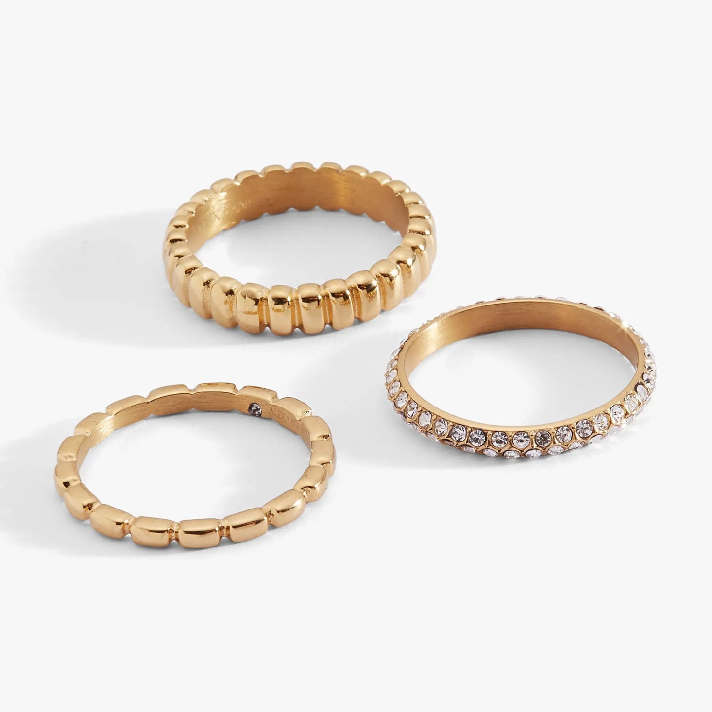 Ribbed Stacking Ring Set of 3 With Crystal Pave