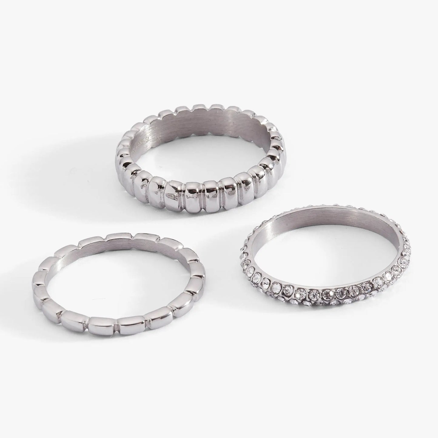 Ribbed Stacking Ring Set of 3 With Crystal Pave