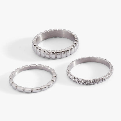 Ribbed Stacking Ring Set of 3 With Crystal Pave