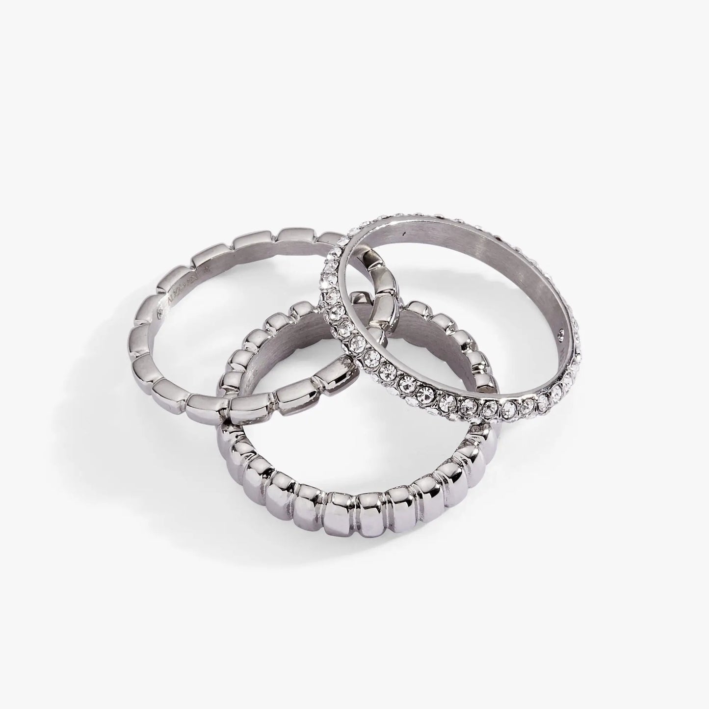 Ribbed Stacking Ring Set of 3 With Crystal Pave