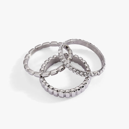 Ribbed Stacking Ring Set of 3 With Crystal Pave