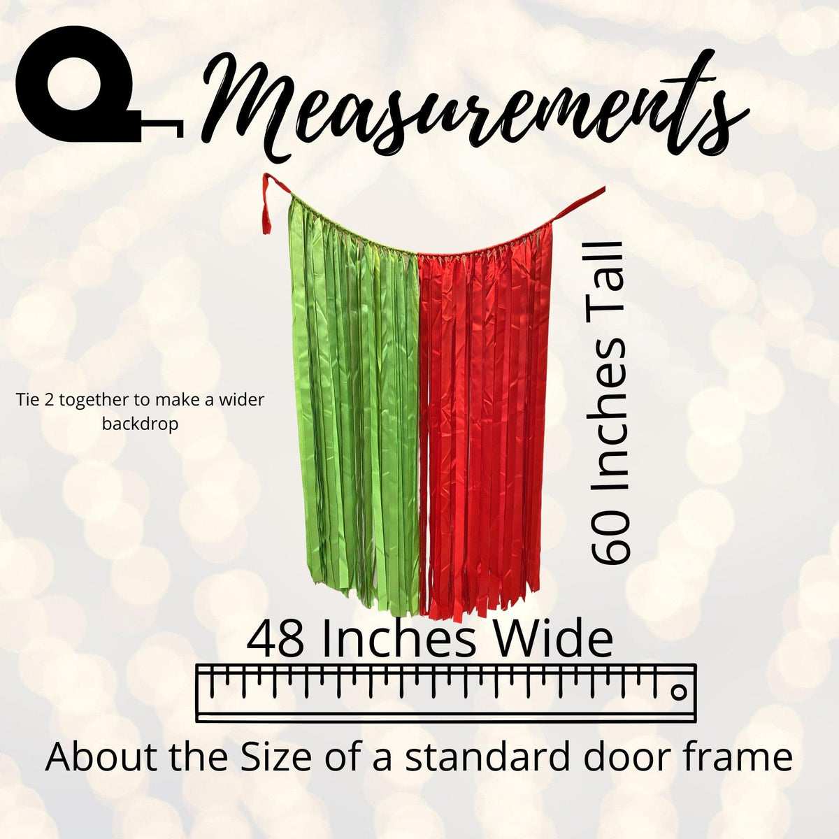 Ribbon curtain backdrop for photo booths in metallic green and red, 48 inches wide on Tampa Home & Garden Store