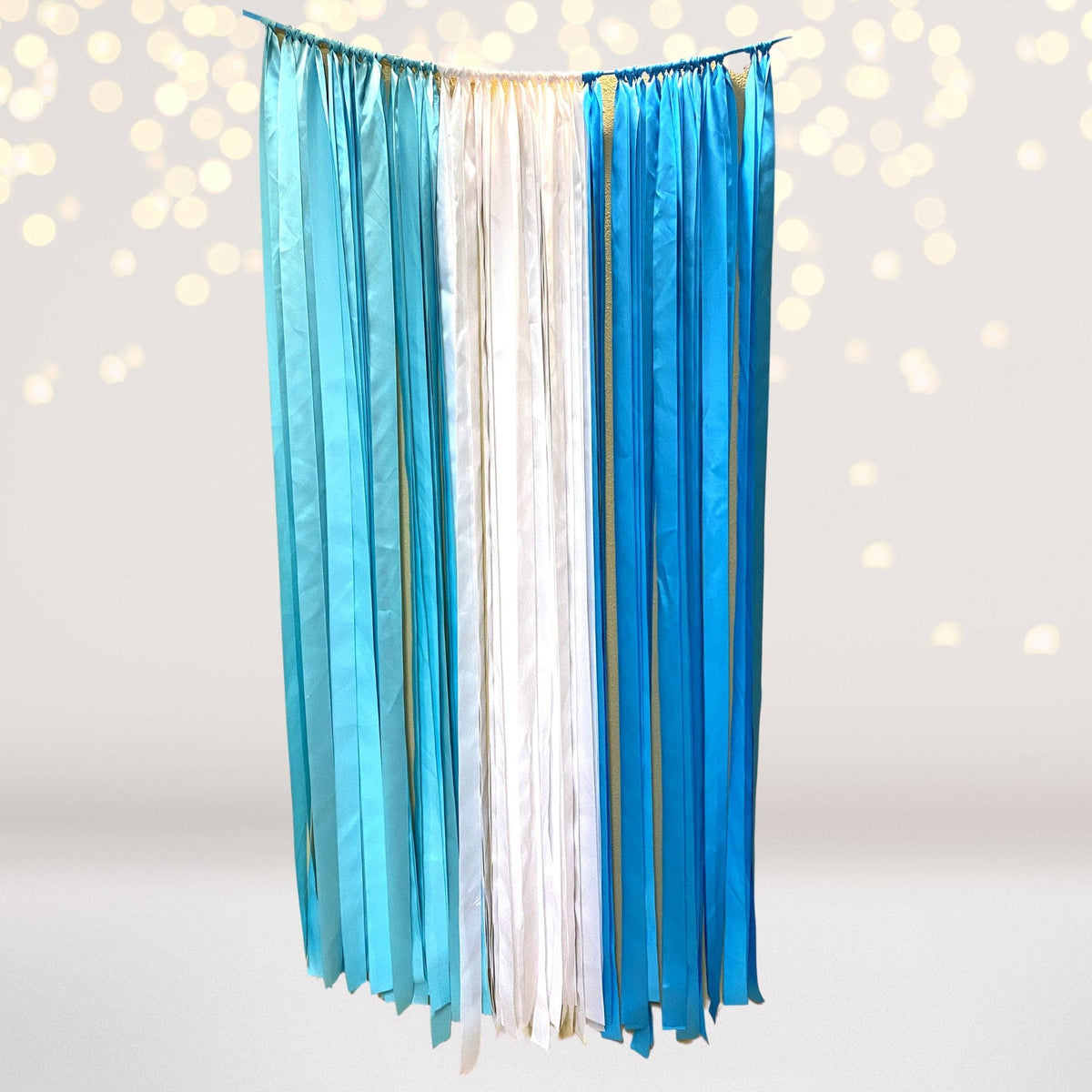 Ribbon Curtain Photo Booth Backdrops with blue and silver metallic strips on Tampa Home & Garden Store