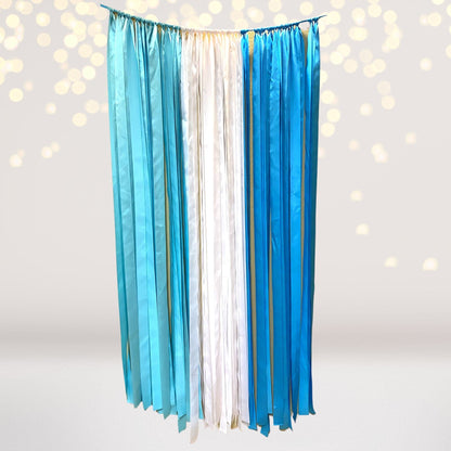 Ribbon Curtain Photo Booth Backdrops with blue and silver metallic strips on Tampa Home & Garden Store
