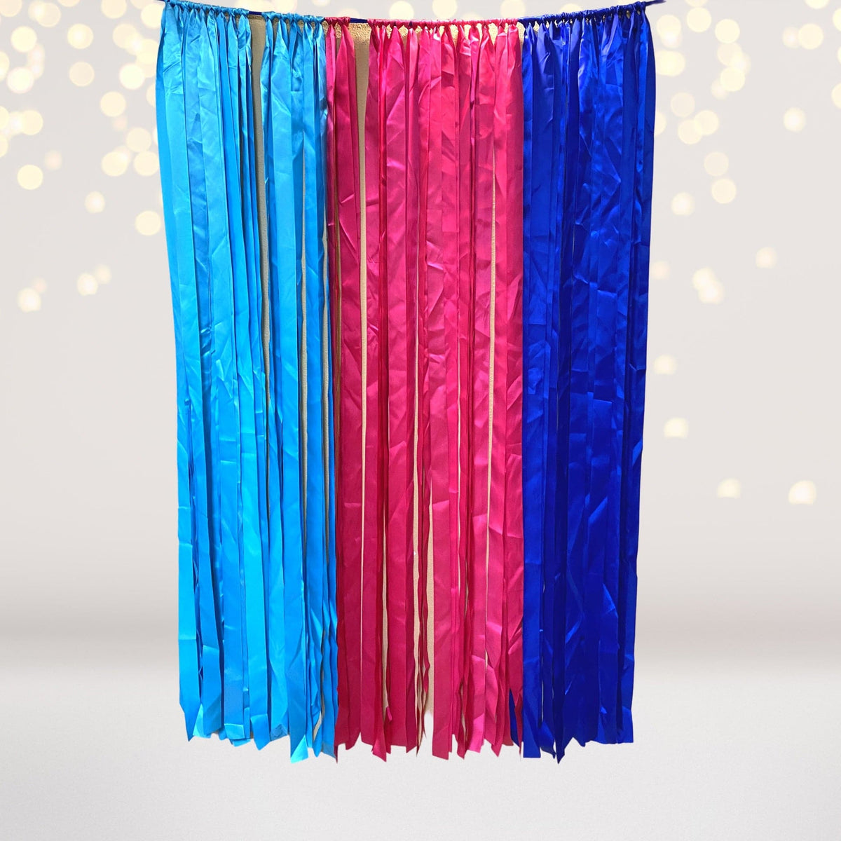 Ribbon curtain photo booth backdrop in blue and pink metallic ribbons, party banner on Tampa Home & Garden Store