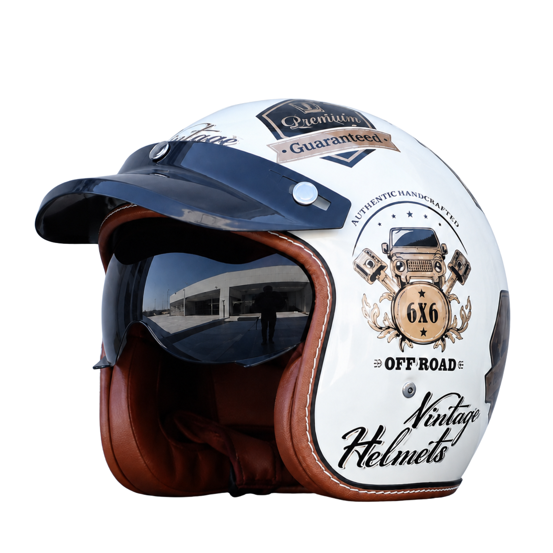 Street King Open Face Helmet BikerZoneZ, white with navy visor, brown trim DOT ECE approved on Tampa Home & Garden Store