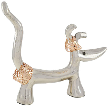 Vibhsa dog ring holder silver finish jewelry organizer with rose-gold lattice rings around neck on Tampa Home & Garden Store