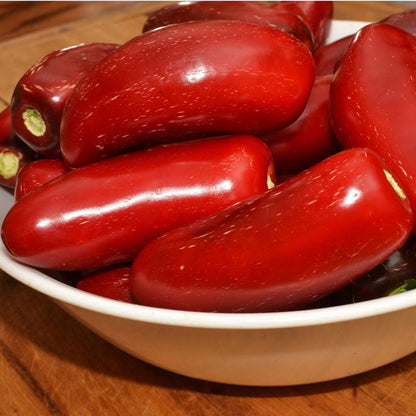 Early Jalapeño peppers in a white bowl with glossy red skins on Tampa Home & Garden Store
