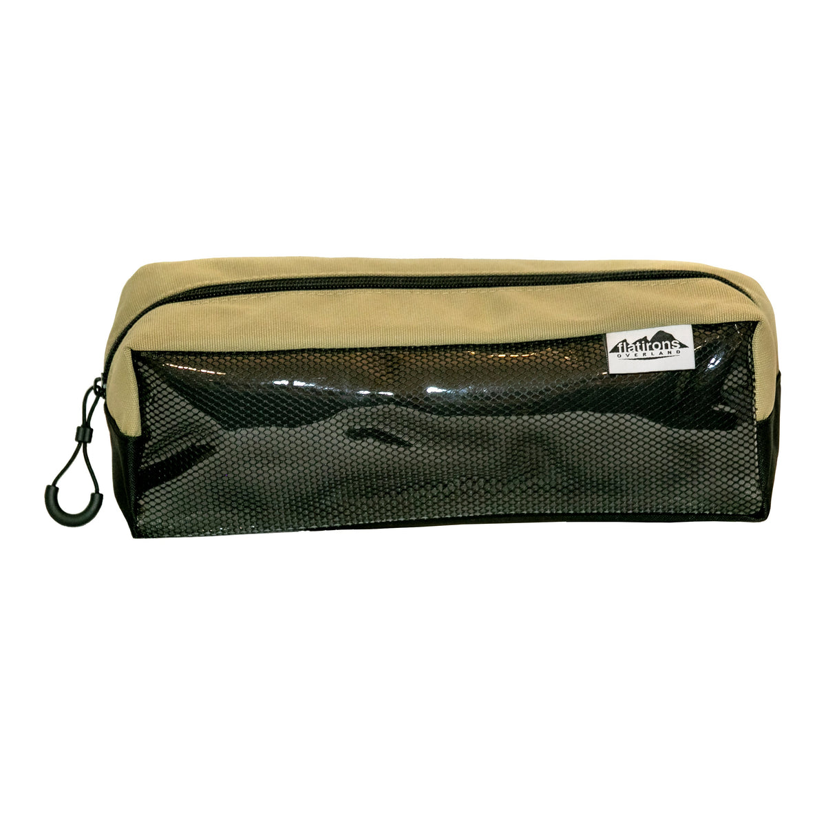 RiPouch Velcro Bag 4x12 in tan fabric with black mesh front and Flatirons Overland logo on Tampa Home & Garden Store