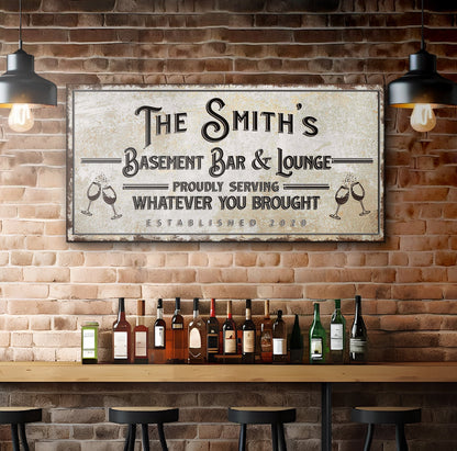 Basement Bar And Lounge Sign X canvas by Tailored Canvases with vintage plaque on brick wall on Tampa Home & Garden Store