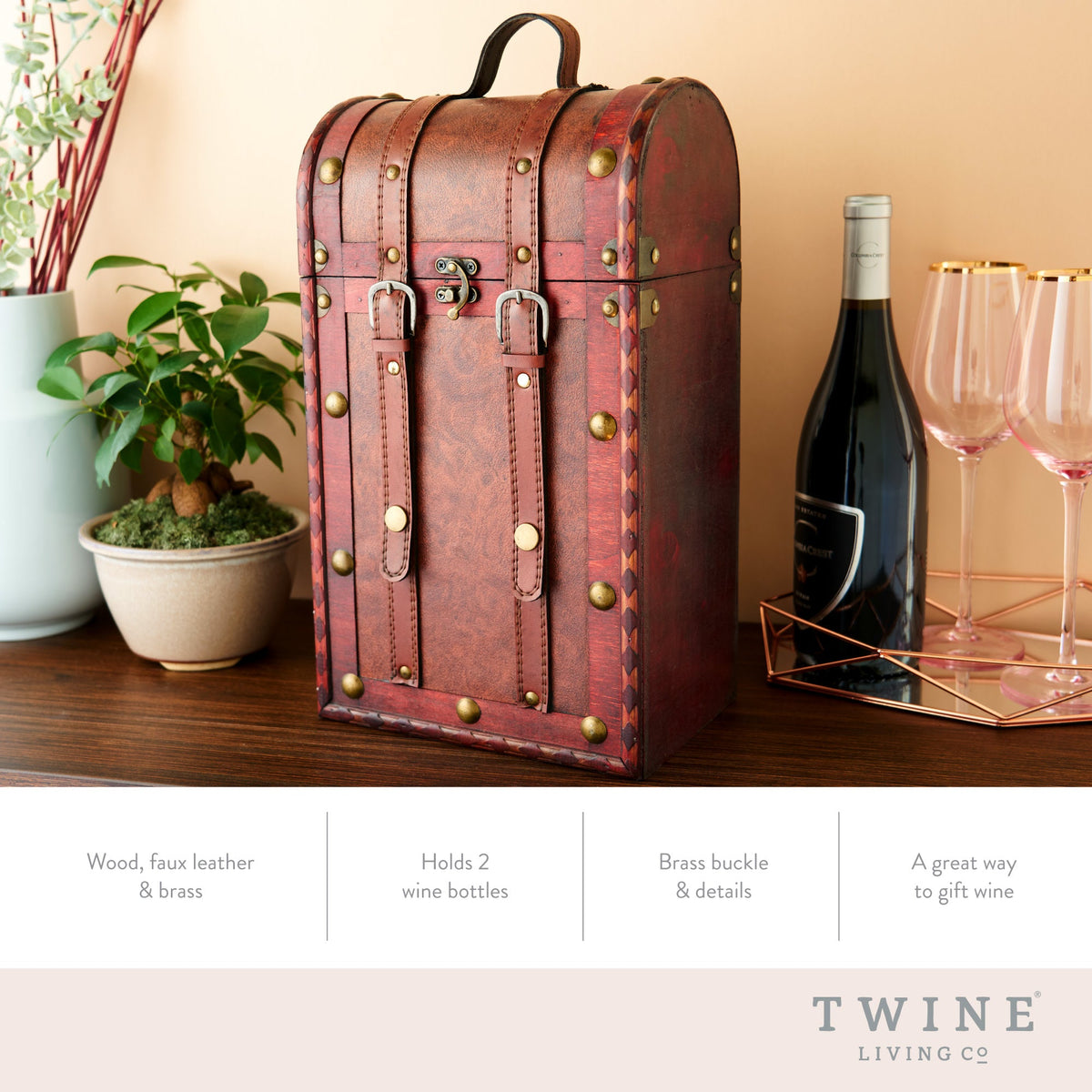 2 Bottle Antique Wooden Wine Box by Twine Living, brown wood with brass studs and leather straps on Tampa Home & Garden Store