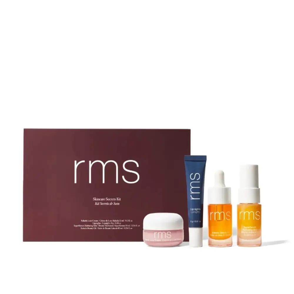 RMS Beauty Skincare Secrets Travel Kit with maroon box, blue tube, pink jar, and orange serums on Tampa Home & Garden Store
