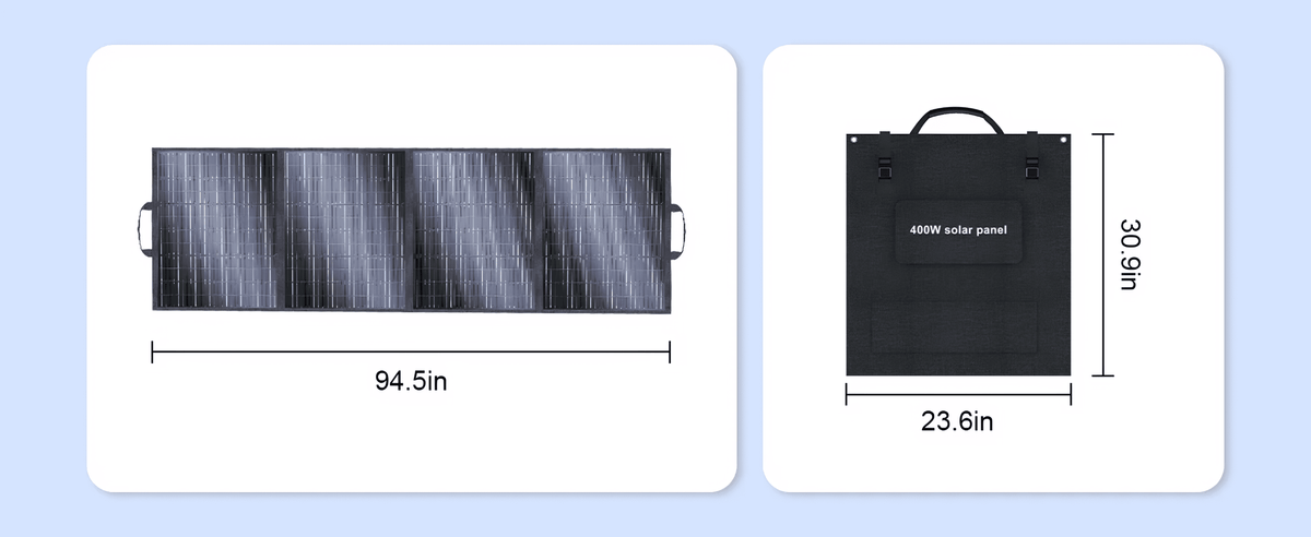 Folding Solar Panels 200W/400W laid flat, black cell array, 94.5in long on Tampa Home & Garden Store
400W solar panel carry case, black fabric with handle, 30.9in tall by 23.6in wide on Tampa Home & Garden Store