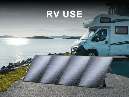 4-panel folding solar panels 200w/400w for RV use beside a lakeside camper van on Tampa Home & Garden Store