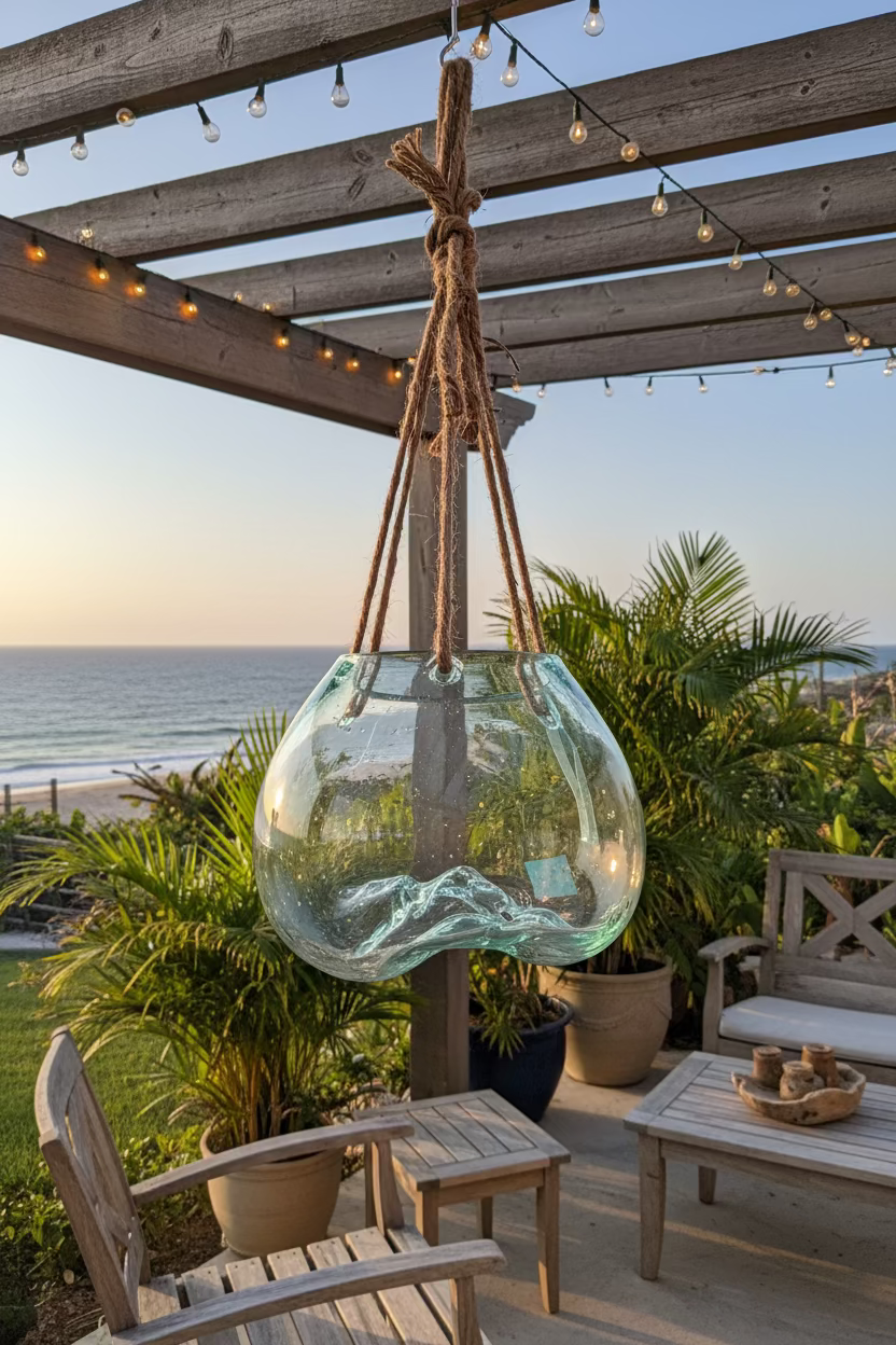 Hanging Freeform Glass Molten Terrarium with Rope
