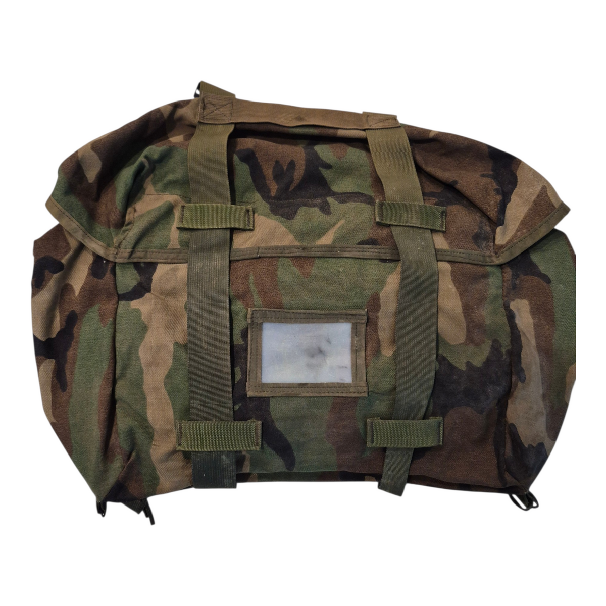 Fury28 woodland sleeping bag carrier in camo fabric with heavy webbing straps on Tampa Home & Garden Store