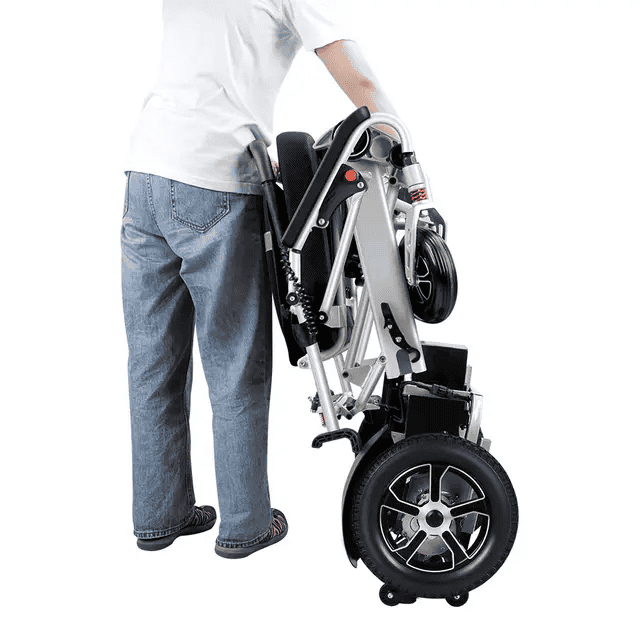 Folding electric wheelchair DONJOHNSTYLE4URHOME, folded metal frame and black seat on Tampa Home & Garden Store