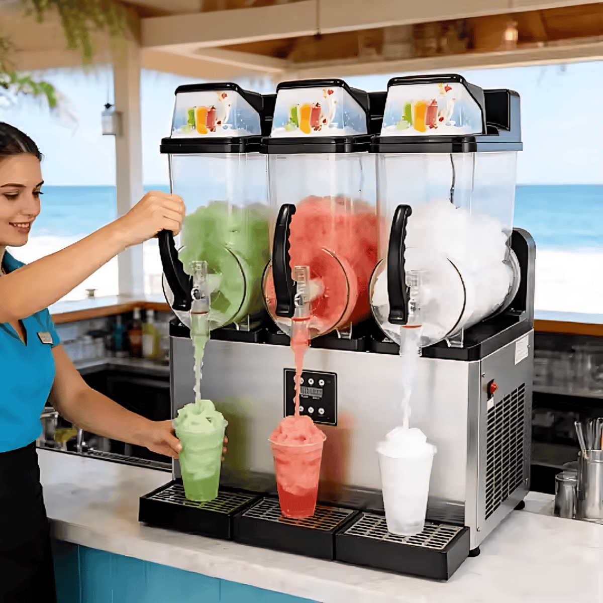 Slushy machine with three clear hoppers serving green, pink, and white slush on Tampa Home & Garden Store