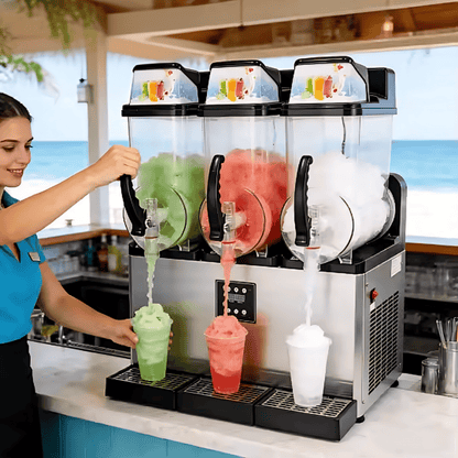 Slushy machine with three clear hoppers serving green, pink, and white slush on Tampa Home & Garden Store